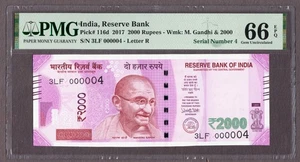 India 2000 Rupees 2017 LOW Serial 3LF 000004 Pick-116d GEM UNC PMG 66 EPQ - Picture 1 of 2