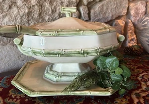 Vintage SUPPENTERRINE Bambus Design grün Oktangunal unter Teller Deckel Löffel groß - Bild 1 von 13