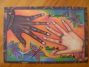 POSTCARD..TOLERATE..CELEBRATE..COOPERATE..HUMANITY...BUTTERFLIES..TRIBAL ART - Bild 1 von 2