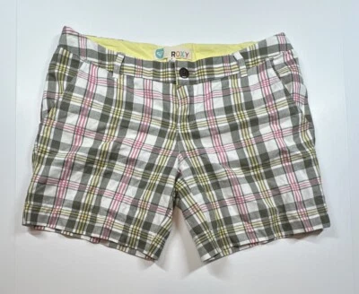 Roxy Juniors Pink Yellow Green Plaid Shorts Size 9 Cotton Embroidered Back Logo - Image 1 of 4