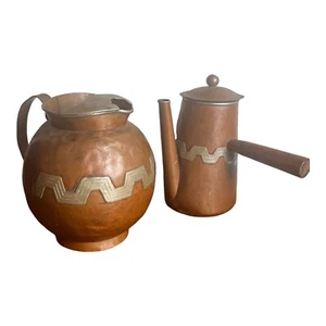VINTAGE ARTESANIA MEXICO COPPER AND STERLING BALL PITCHER AND COFFEE POT - Picture 1 of 24