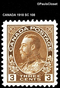 CANADA 1918 SC 108 KING GEORGE V BROWN 3¢ WET PRT MNH OG VERY FINE - Bild 1 von 2