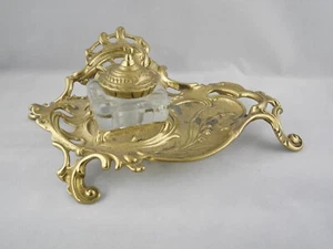 Antico supporto pozzetto inchiostro scrivania ottone arredamento vittoriano - Foto 1 di 10