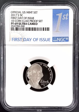 2017 S Proof Jefferson Nickel, NGC PF 69 Ultra Cameo, First Day of Issue! Cover