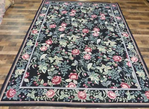 8'6"x11'5" Black Stunning Chic French Floral hand knotted wool Needlepoint rug - Picture 1 of 11
