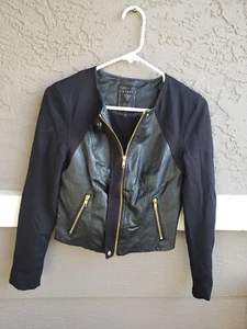 Guess black moto Gold Zippered vegan leather jacket fabric sleeve XS Child - Picture 1 of 8