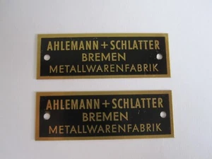Ahlemann + Schlatter Bremen Metallwarenfabrik Messingschild Typenschild Lampe ne - Bild 1 von 2