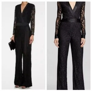 DIANE VON FURSTENBERG DVF Jumpsuit 4 schwarz Spitze lang transparente Ärmel Wickelgürtel - Bild 1 von 10