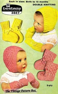 BONNETS & MITTS sizes birth to 12 months / 3ply & 8ply - COPY knitting pattern - Picture 1 of 1