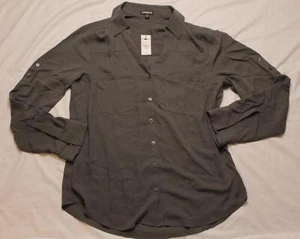 Express Women's Long Sleeve Button-up Olive GREY Shirt NWT Size M - Picture 1 of 6