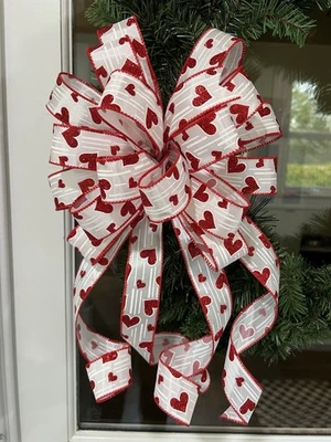 Handmade Large Sparkly Red Hearts Valentines Day Love Bow for Wreath 10 x 20 - Image 1 of 4