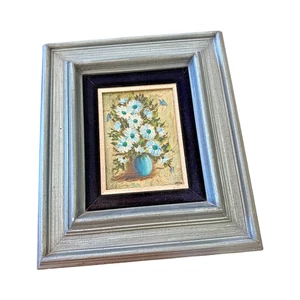 Original Mid Century Decorator Impasto Painting Blue Patinated Frame Velvet Mat - Picture 1 of 7