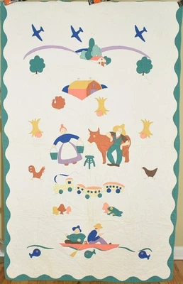 Edredón de cuna con apliques ilustrados vintage de los años 40 INUSUAL ~ ¡Escenas de granja y pesca! Foto 1 de 4