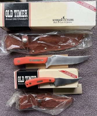 2 cuchillos Schrade EE. UU. mango naranja 150 OT Deerslayer y 152 Sharpfinger, LE, NOS Foto 1 de 4