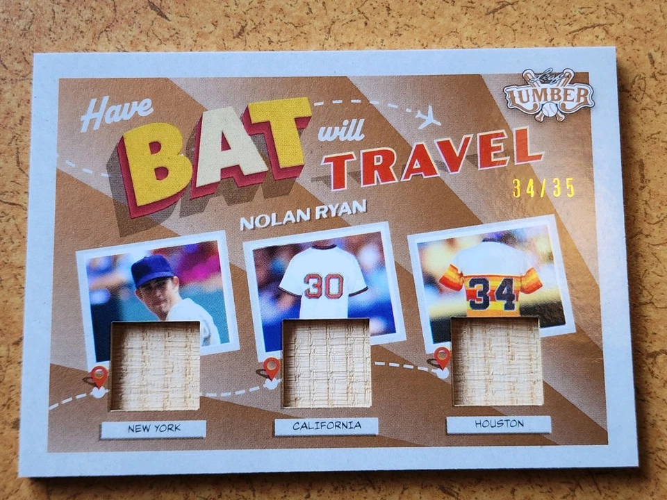 Hoja de madera 2022 Nolan Ryan murciélagos viajarán reliquias/35!! Muy RARO Foto 1 de 4