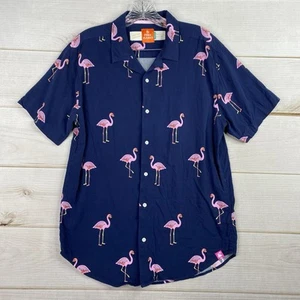 Free Planet Shirt Mens Sz L Blue Pink Flamingo Short Sleeve Button Up Graphic - Picture 1 of 9