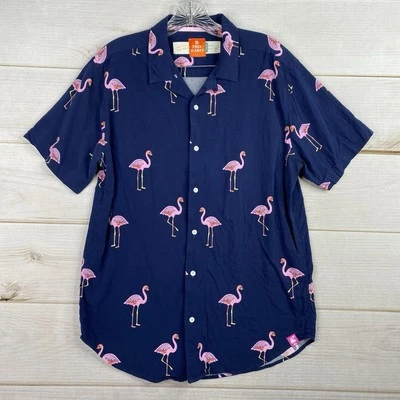 Free Planet Shirt Mens Sz L Blue Pink Flamingo Short Sleeve Button Up Graphic - Image 1 of 4
