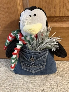 Handmade Vintage Chenille Bedspread Penguin Blue Jean Shelf Sitter Christmas - Picture 1 of 1