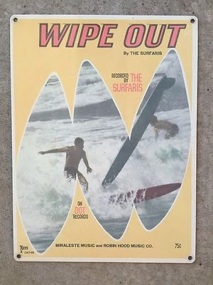 Vintage Surf Guitar Dick Dale The Surfaris Wipe Out Surfboard Poster Metal Sign  - Image 1 of 4
