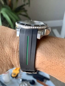 21mm BLACK Rubber Strap GREEN stripe For 44mm Rolex DEEPSEA (only) Watches - Picture 1 of 7