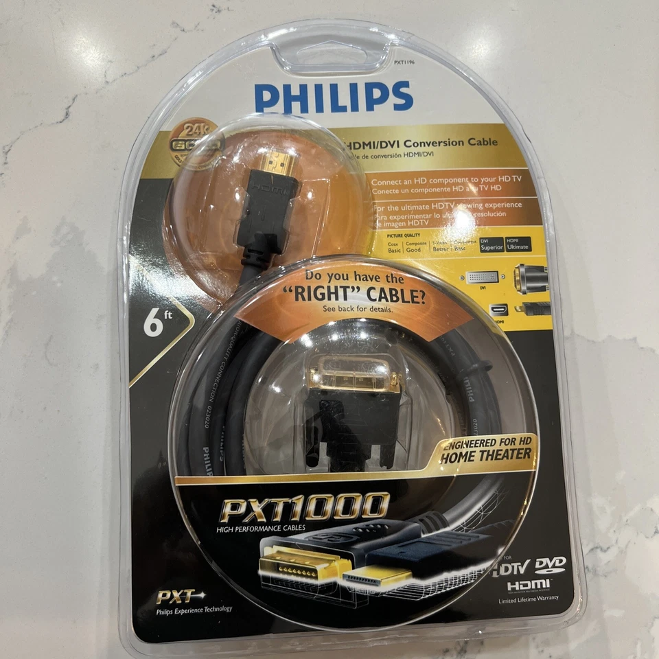 Philips PXT1196 24K Gold HDMI/DVI Conversion Cable 6 ft PXT1000 High Performance - Image 1 of 4