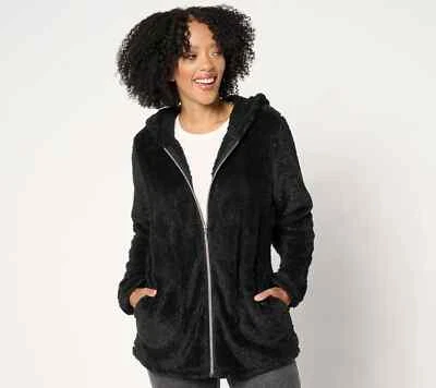 Denim & Co. Shimmer Sherpa Zip Front Hooded Jacket w/ Pockets,Black Small A67081 Foto 1 de 4