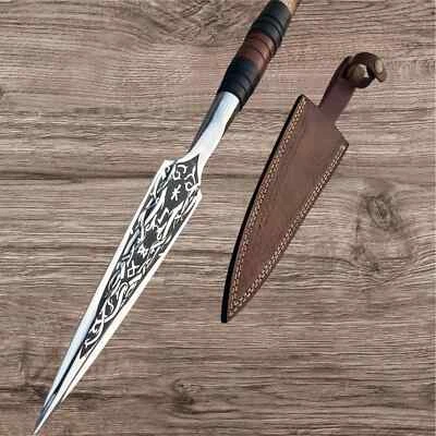 Hand Forged High Carbon Steel Etched Solid Viking Medieval Spear with Sheath - Image 1 of 4