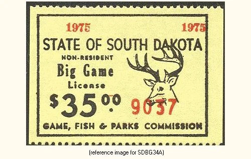 D2K South Dakota Big Game 1975 $35.00 (yellow [g#]) - Image 1 of 1