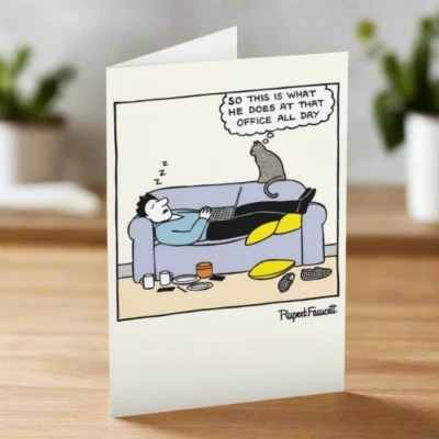 WOODMANSTERNE Funny Grey Cat Birthday Greeting Card by Rupert Fawcett Humorous Office Work