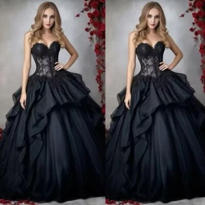 Black Wedding Dresses Strapless Sleeveless Satin Ruching A Line Bridal Gowns - Picture 1 of 9