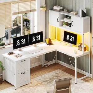 L Shaped Desk, Farmhouse Home Office Desk with LED Lights, Hutch&Storage Shelves - Picture 1 of 8
