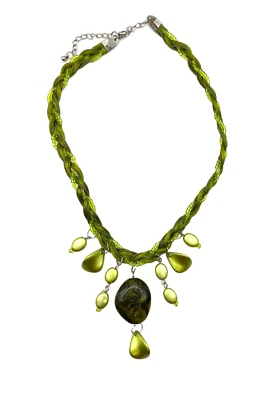Chunky Multi Strand Braided Cord Green Faux Stone Charm Pendant Bib Necklace 20" - Image 1 of 4