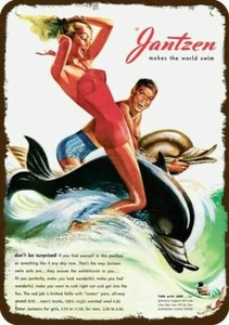 1947 JANTZEN Swimsuit Woman Rides Dolphin Vnt-Look DECORATIVE REPLICA METAL SIGN - Bild 1 von 1
