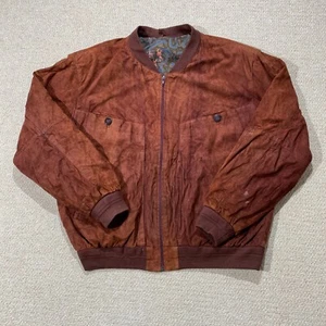 VINTAGE Suede Bomber Jacket Large Relaxed Fit Red 90s Zip Up Real Leather Flight - Picture 1 of 12