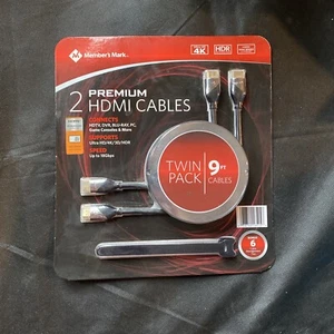 Member's Mark 2 Pack Premium 9 Ft. Gold Plated HD HDMI Cables + 6 Cable Ties NEW - Picture 1 of 5