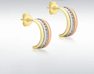 9ct 3-Colour Gold CZ 5mm x 14mm Half-Hoop Earrings - Picture 1 of 1