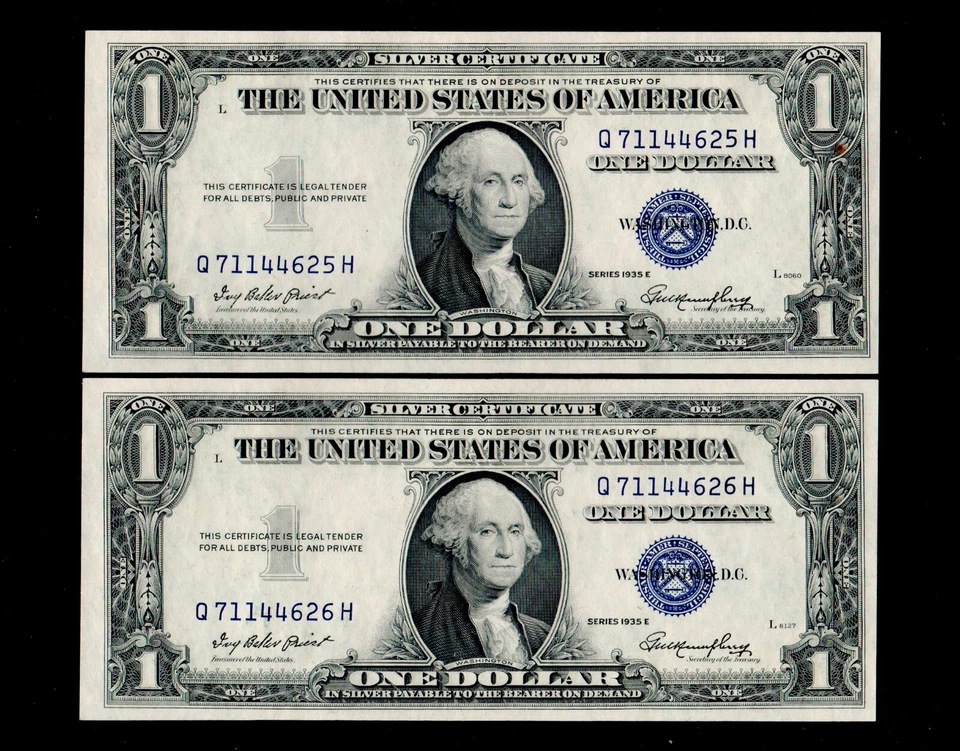 $1 1935-E Silver Certificate Blue Seal Uncirculated X 2 Sequentially Numbered - Image 1 of 1