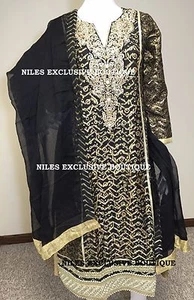 Pakistanischer Indischer Designer Schwarz Gold Salwar Kameez S, M - Bild 1 von 10