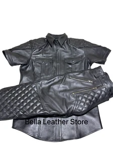 Men's Real Cow Leather Quilted Biker Uniform Cock Hole Pant & Quilted Gay Shirt - Picture 1 of 10