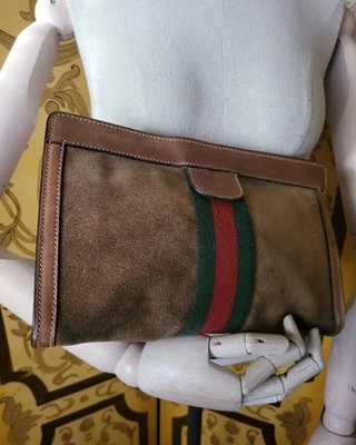GUCCI Vintage Bolso de Mano de Ante Marrón y Cuero Verde/Rojo Web Foto 1 de 4