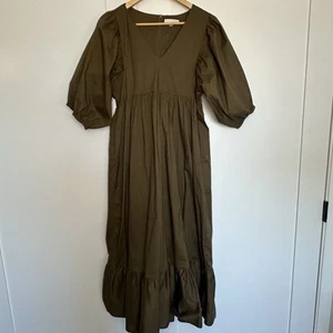 Karlie Poplin Puff Sleeve Maxi Dress Medium olive green pockets cotton prairie - Picture 1 of 9