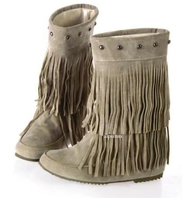 Mujeres Remache Borla Flecos Media Pantorrilla Oculto Mocasín Botines Zapatos de Cuña Foto 1 de 4