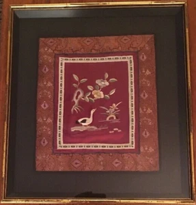 Chinese Silk Embroidery Panel Duck Flowers in Shadow Box Frame Vintage - Picture 1 of 12