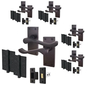 Matt Black Victorian Scroll Door Handle & Latch Set with Hinges 76mm | Pack of 5 - Picture 1 of 10