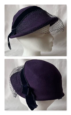 Vintage Merrimac Hat Corp. Women's Plum-Color Wool Dress Hat with Netting 21.5" - Image 1 of 4