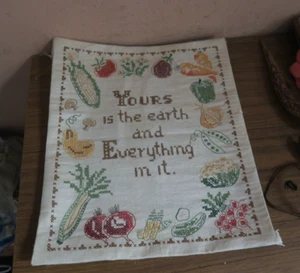 Vintage Handmade Cross Stitch Linen Sampler Embroidery 12"x 14" Kitchen Blessing - Picture 1 of 5