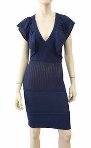 CATHERINE MALANDRINO Blue Pointelle Knit Stretch Jersey Ruffle Dress M - Picture 1 of 7