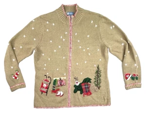 Vintage Koret Cardigan Grandma Sweater Womens L Tan Winter Ski Skating 90s - Picture 1 of 14