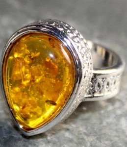 Anillo Lágrima Ámbar Amarillo Estilo Vintage Plata Talla 9 - Imagen 1 de 1