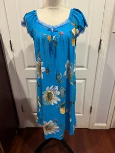 Women Short Sleeve Nightgown Blue Multi Floral w/bow Size L/XL 39"L x 22"W - Picture 1 of 4